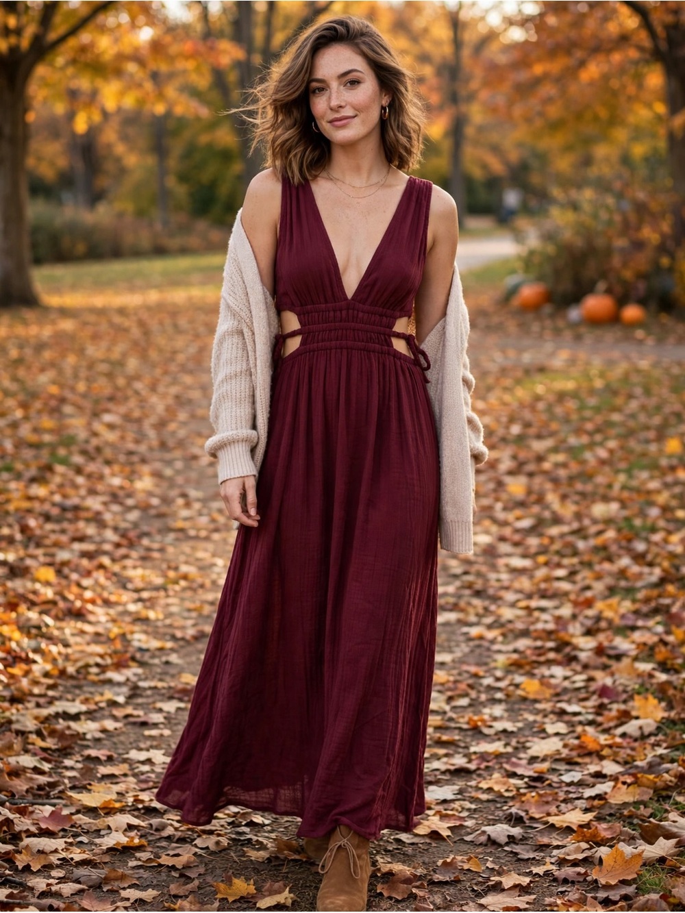 Lovely Day Burgundy Deep V Cutout Maxi Dress